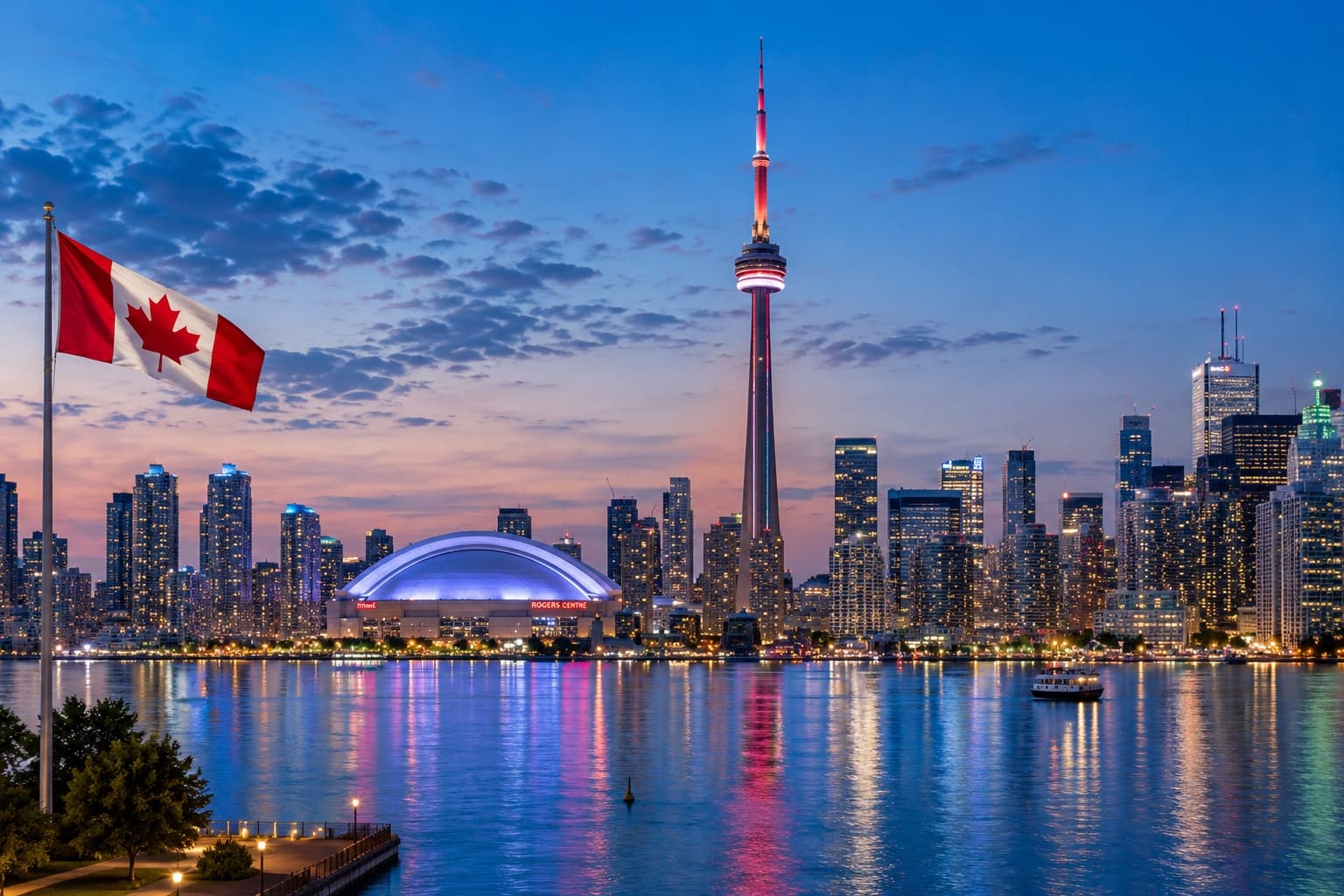 Toronto, Canada: the CN Tower and the downtown skyline at dusk
